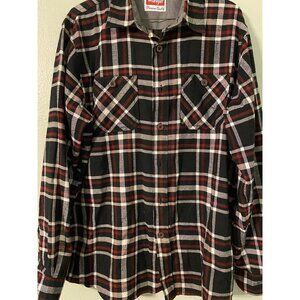 WRANGLER PREMIUM QUALITY MENS BUTTON DOWN PLAID SHIRT - SIZE MEDIUM - RED BLACK